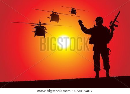 Soldier with helicopters on the background