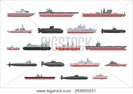 Different Types Of Naval Combat Ships Set, Military Boats, Ships, Frigates, Submarine Vector Illustr