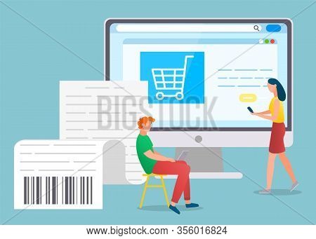 People Buy Goods Through Internet. Woman Use Smartphone To Do Orders. Man Doing Purchases Using Inte