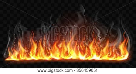 Realistic Fire With Smoke Isolated On Transparent Background. Vector Mockup Of Flame Border, Bright 