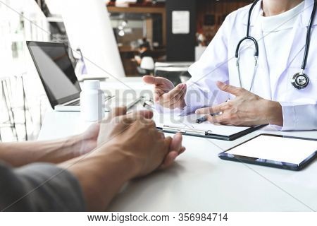 Health Concept - Doctor, Hospital With Health Related Graphic. Healthcare People, Medical Treatment,