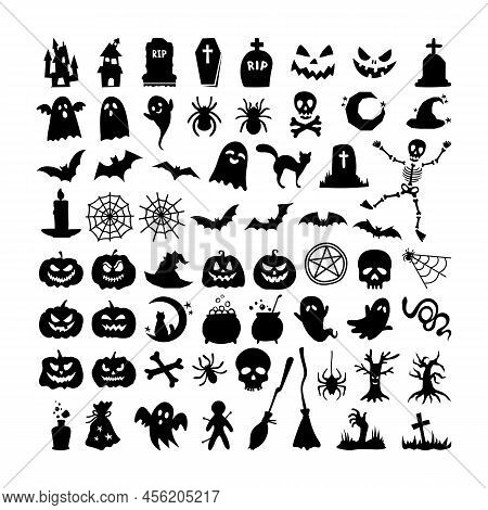 Collection Of Black Silhouettes Of Halloween Isolated On White Background. Vector Illustrations - Pu