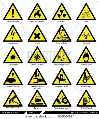 Set of safety signs. Caution signs. Collection of warning signs. Vector illustration. Signs of danger. Signs of alerts.

