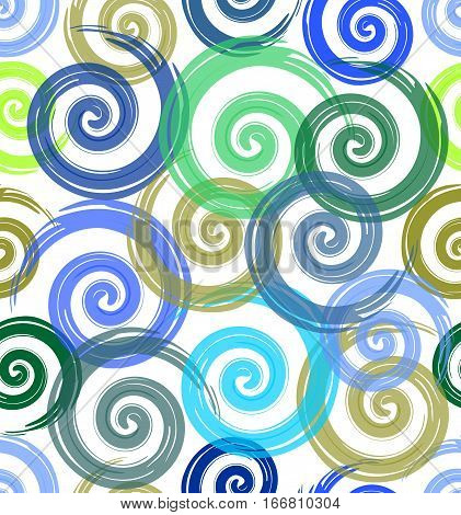 Seamless spiral background. Watercolor vector brush spiral. Green and blue spiral. Spiral on white background. Vector abstract background. Modern spiral ornament. Seamless modern patterns.