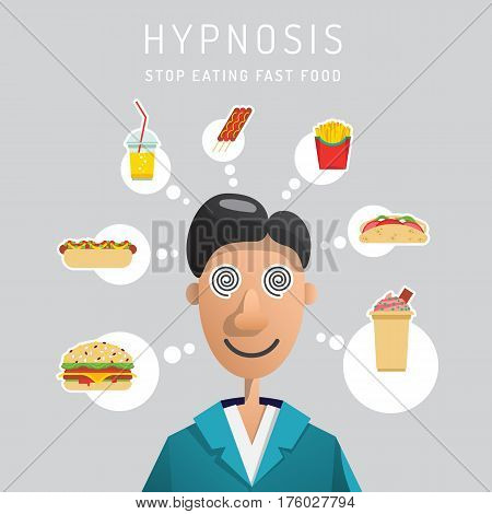 The man treated with hypnosis from the excessive consumption of food. Vector illustration in flat cartoon style, depicting a patient under hypnosis and thoughts about food.