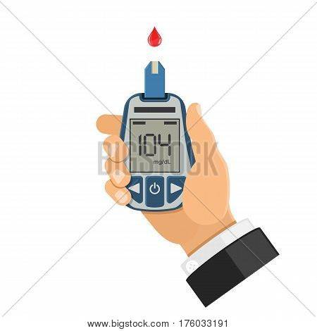 hand holds blood glucose meter. blood sugar level testing, treatment, monitoring and diagnosis of diabetes concept. icon in flat style. isolated vector illustration