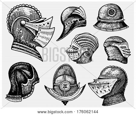 set of medieval symbols Battle Helmets for knights or kings, vintage, engraved hand drawn in sketch or wood cut style, old looking retro roman