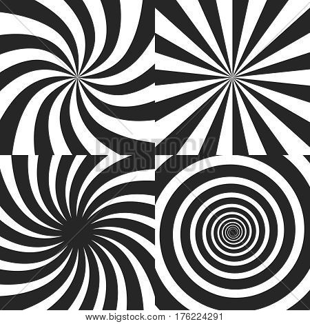 Psychedelic spiral with radial rays, twirl, twisted comic effect, vortex backgrounds - vector set. Psychedelic vortex black white spiral, effect of hypnotic radial swirl vortex illustration