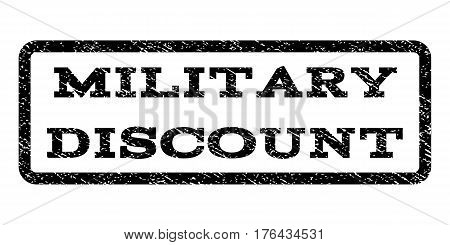 Military Discount watermark stamp. Text caption inside rounded rectangle with grunge design style. Rubber seal stamp with scratched texture. Vector black ink imprint on a white background.