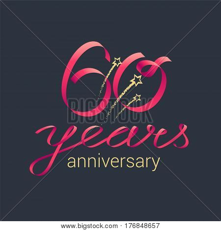 60 years anniversary vector icon, logo. Graphic design element with red lettering and golden stars for decoration for 60th anniversary celebration