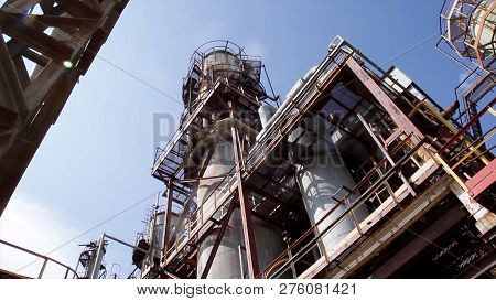 Structure Of Chemical Plant. Close Up Industrial View At Oil Refinery Plant Form Industry Zone With 