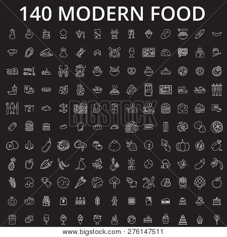 Food Icons Editable Line Icons Vector Set On Black Background. Food Icons White Outline Illustration