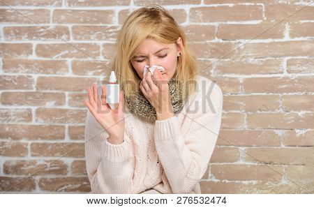 Allergy Concept. Home Treatment. Nasal Drops Plastic Bottle. Effective Nasal Spray. Runny Nose And O