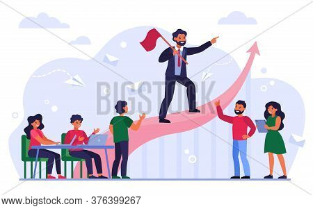 Business Leader With Flag Showing Way To Success Isolated Flat Vector Illustration. Cartoon Business