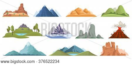 Mountain Peaks. Snow Ice Tops, Green Hills And Volcano Outdoor Landscape, Hiking, Climbing Mountain 