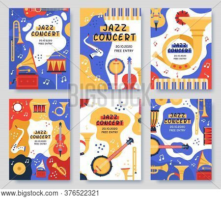 Music Festival Posters. Musical Party Or Event Music Instruments Abstract Banner, Jazz Concerts Invi