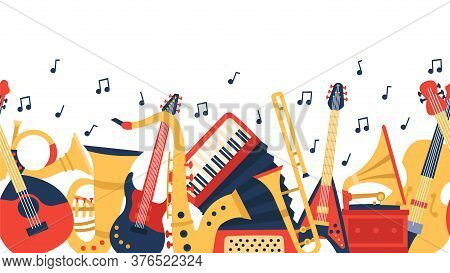 Musical Instruments Banner. Music Guitar, Violin And Vintage Accordion, Jazz Acoustics Music Instrum