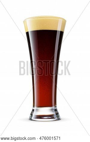 Pilsner Glass Of Fresh Delicious Dark Porter Beer With Cap Of Foam Isolated On White Background.