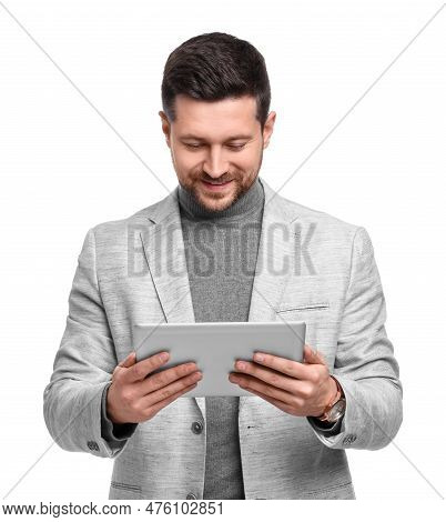 Handsome Bearded Businessman Using Tablet On White Background