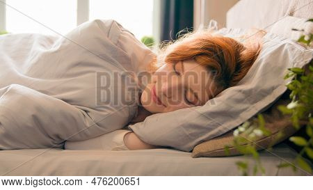 Caucasian Happy Woman Sleeping In Comfortable Cozy Bed At Home Girl Lady Asleep Lying On Soft Pillow