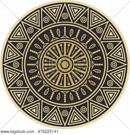 Vector Round Gold Indian Ornament. Totem In The Circle Of Native Americans. Geometric Pattern Of The