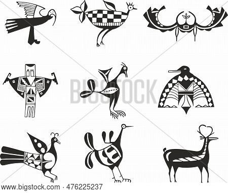 Vector Monochrome Set Of Symbols Of The Indians Of Central, South And North America. Native American