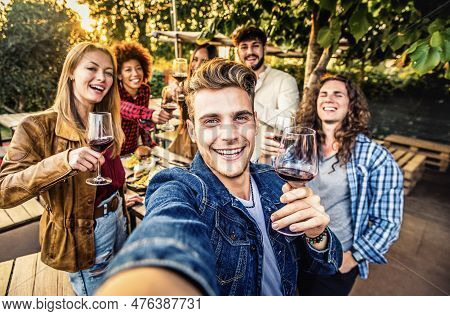 Multiracial Friends Group Taking Selfie At Barbecue Dinner Time