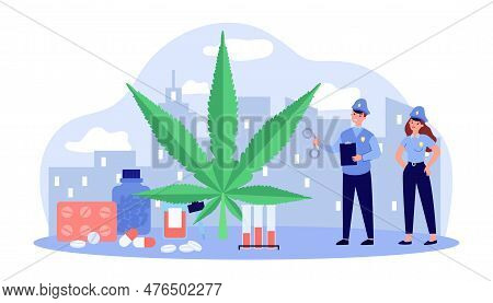 Police Officers Next To Huge Cannabis Leaf Vector Illustration. Wide Availability Of Drugs To Genera