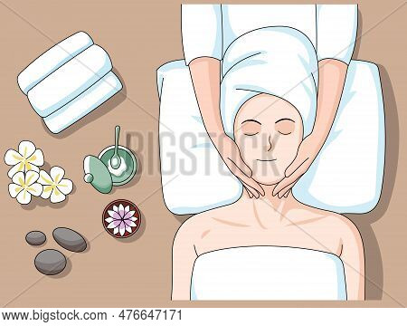 Illustration Of Top View Of Young Woman Getting Spa Massage Treatment At Beauty Spa Salon For Face M