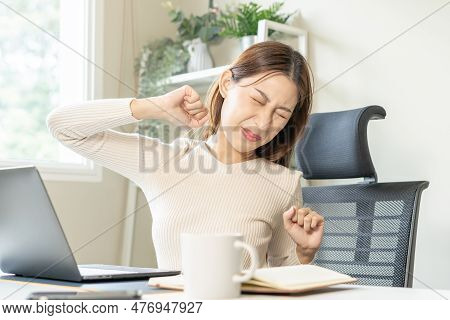 Body Muscles Stiff Problem, Ache Asian Young Woman, Girl Pain Back, Stretch While Sitting Work On Ch