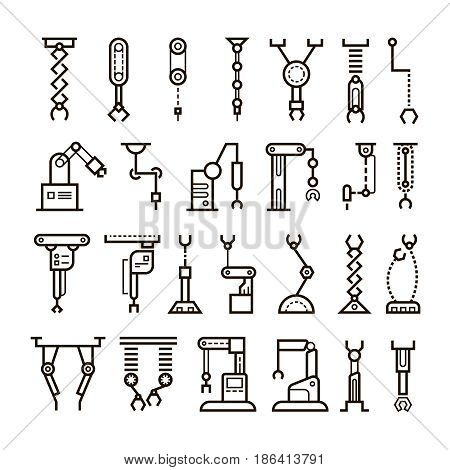 Manufacturing industrial robot, robotic arms vector line icons. Robotic industry manufacturing, illustration of technology robotic