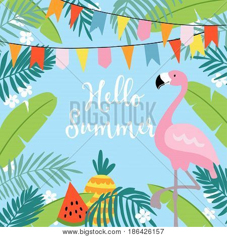 Hello Summer greeting card, invitation, invitations with hand drawn palm leaves, flowers, flamingo bird and party flags. Tropical jungle design, vector illustration background.