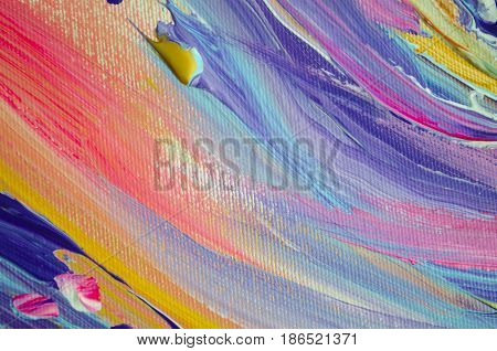 Hand drawn acrylic painting. Abstract art background. Acrylic painting on canvas. Color texture. Fragment of artwork. Brushstrokes of paint. Modern art. Contemporary art. Colorful canvas. Close up.