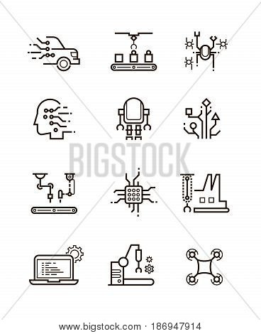 Robot technology and robotic machinery line vector icons. Artificial intelligence symbols. Artificial robotic automation, ai electronic robot illustration