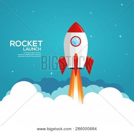 Rocket Launch Illustration. Product Business Launch Concept Design Ship Vector Technology Background