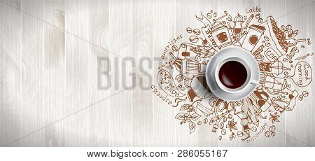 Coffee Concept On Wooden Background - White Coffee Cup, Top View With Doodle Illustration About Coff