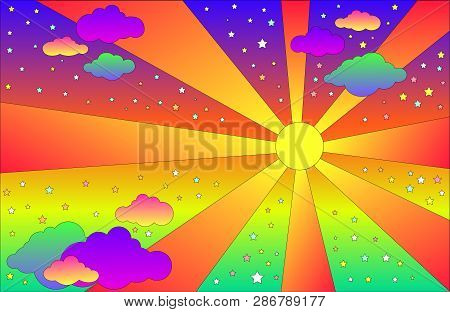 Vintage Psychedelic Landscape With Sun And Clouds, Stars. Vector Cartoon Bright Gradient Colors Back