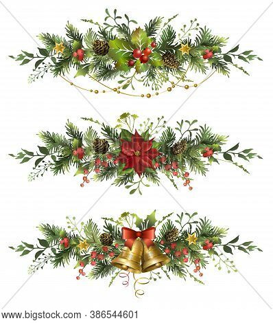 Set Of Christmas Fir Garlands With Golden Bells, Poinsettia Flower And Red Berries.