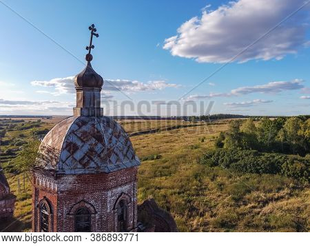 Flight Over An Abandoned Church, Ancient Abandoned And Ruined Church, Dilapidated Red Brick Temple