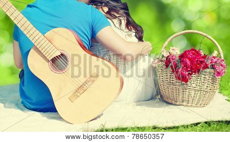 Summer, Love, Valentines Day, Vacation And People Concept - Lovely Young Couple In Love Resting Toge