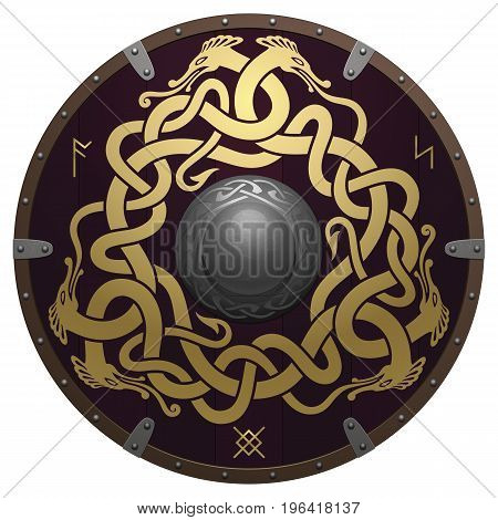 Realistic round shield of the Viking. Medieval wooden armor with iron details. Shield is decorated by runes and original golden ornament in a form of interwoven dragons on a dark reddish-brown field.