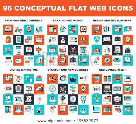 Collection of conceptual flat web icons. Icon pack includes - shopping and commerce, banking and money, design and development, digital marketing, startup and new business, web development themes.