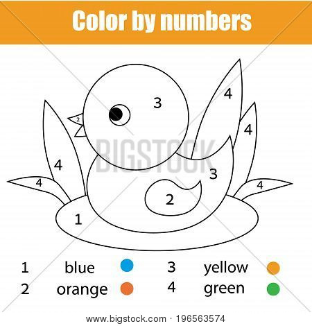 Coloring page with duck bird. Color by numbers educational children game, drawing kids activity, printable sheet. Animals theme