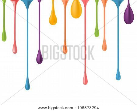 Different colorful drops. vector 3d illustration. paint falling drips vector. nail polish drops downfall. rainbow oil paint glossy drops isolated. multicolor nail varnish drips. paint droplet