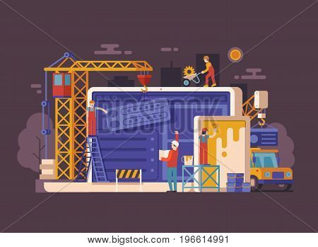 Website under construction concept background in flat design. Maintenance page or 404 error vector illustration with house building site, builders, civil engineer, crane and laptop. Web banner.