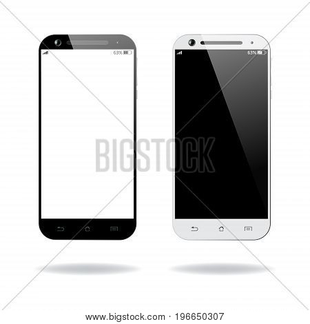 Black and white smartphones isolated. Mobile smart phone with blank screen. Cell phone mockup design. Vector illustration.