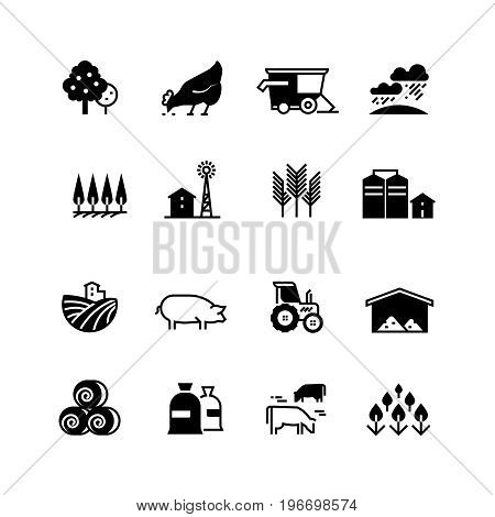 Organic farm and agriculture vector silhouette icons isolated. Agriculture farm silhouette, chicken and livestock illustration