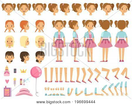 Mascot creation kit of little girl and some children toys. Vector constructor with fun emotions and different body parts. Constructor person character female illustration