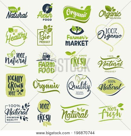 Organic food, farm fresh and natural product signs collection for food market, ecommerce, organic products promotion, healthy life and premium quality food and drink.