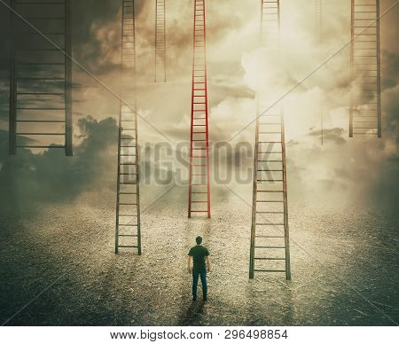 Man Standing In Front Of Huge Ladders Going Up To The Sky. Choosing A Different Red Stairway To Unkn